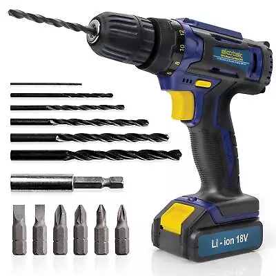 Skotek Cordless Drill 18V Electric Screwdriver Combi Driver Battery & 13pc Kit • £29.99