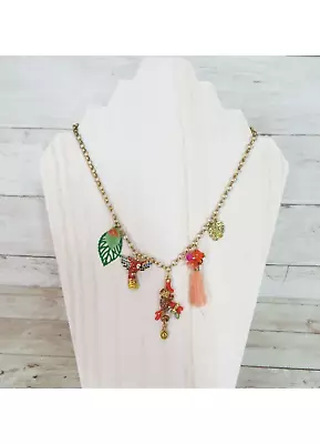 Betsey Johnson Gold Tone Tropical Charm Necklace Parrot Monkey Flowers Leaves • $17