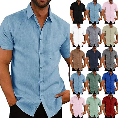 Mens Cotton Linen Shirts Summer Short Sleeve Casual Loose Buttons T Shirt Top UK • £10.49