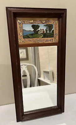 Vintage WOOD FRAMED WALL MIRROR WITH GLASS HOMESTEAD PICTURE ABOVE • $24