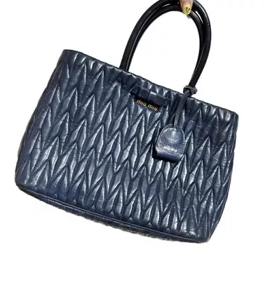 Miu Miu Vitello Blue Leather Bow Bag Tote Matelasse Purse Vintage Italy • $299