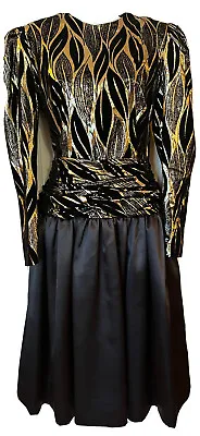 VTG Halston III Gold Lame Black Velvet Satin Cocktail Party Dress Dynasty Sz 8 • $70