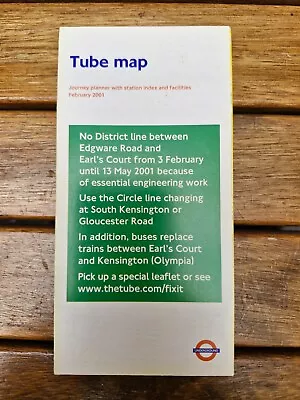 London Underground Tube Map Journey Planner February 2001 No District Line Cover • £19.95