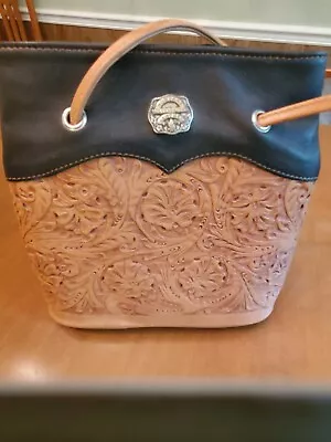 Montana Silversmiths Black And Tan Embossed  Tooled Leather Purse Shoulder Bag . • $74