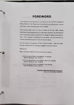 $82.97 • Buy TOYOTA 6FGU15-30 6FDU15-30 FORKLIFT Service Repair Workshop Manual 