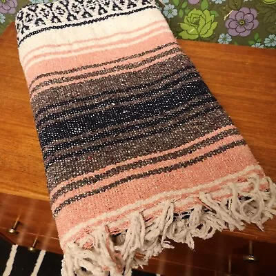 £19.99 • Buy Mexican Pink Navy Blue Grey Woven Stripy Falsa Yoga Blanket / Throw 70 X42 