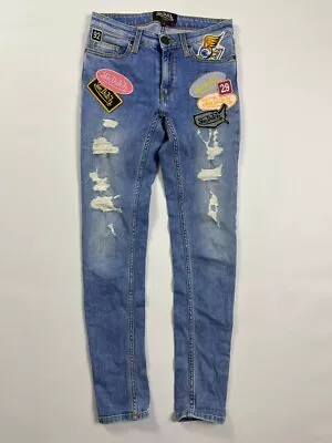 VON DUTCH Caliofornia Blue Wash Denim Patched  Distressed Skinny Jeans Sz 26 • $149.99