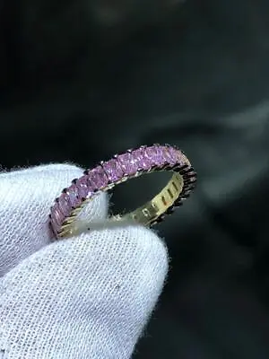 18k Gold Sterling Silver Pink Sapphire Baguette Cut Eternity Band Ring Sz 9.5 • $58