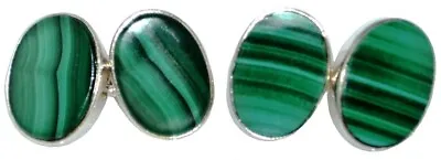 Double Sided Authentic Malachite Gemstones Set 925 Sterling SILVER Chain Cufflin • $62.22