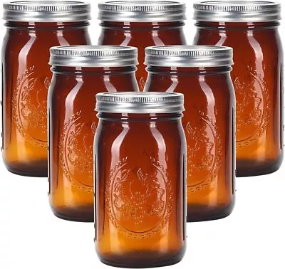 Amber Glass Mason Jars 32 Oz Wide Mouth With Airtight Lids And Bands 6Pack • $29.69