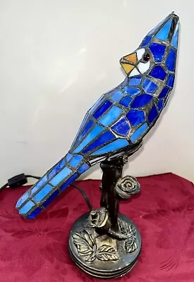 13.5” Blue Jay Stained Glass Bird Shaped Table Lamp Metal Decorative Floral Base • $65.59