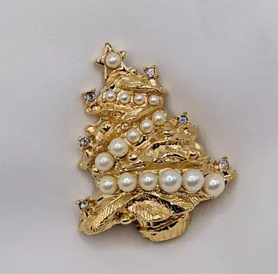 Vintage Christmas Tree Brooch Pin Elegant Faux Pearl Rhinestone Gold Tone Estate • $19.99