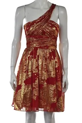 Aidan Mattox Dress Size 2 Red Gold Sheath Silk Knee Length One Shoulder • $39.99