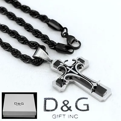 DG Men's 24  BlackStainless-Steel.Rope Necklace*CROSS.Onyx 69mm Pendant*BOX • $25.98