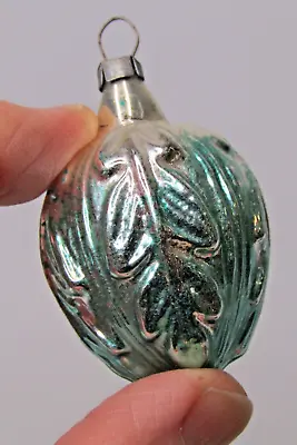 Vintage Glass LEAF Embossed EGG Drop Feather Tree Mini Christmas Ornament Blue • $22