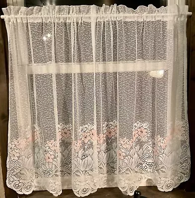 VTG 2 Panels Cottage Kitchen Curtains White Lace Easter Spring Pink Blue Flowers • $10