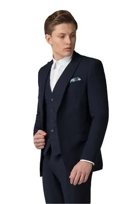 Limehaus Navy Semi Plain Slim Fit 3 Piece Suit Jacket Waistcoat And Trousers • $62.24