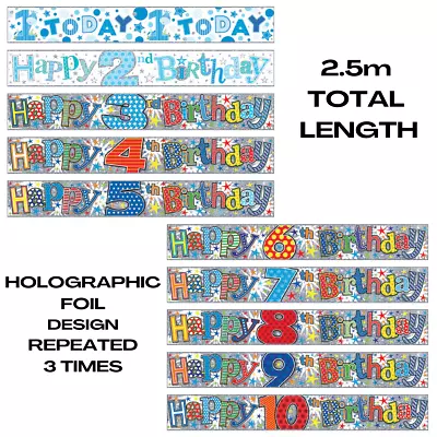 2.5M FOIL BIRTHDAY BANNER Choose Age 1 To 10 Blue Silver Sparkly Wall Banner Boy • £2.09