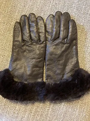 Women's M Genuine Brown Leather Gloves Rabbit Fur Winter Warm Soft EUC • $14