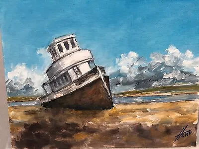 Vintage VT Artist Richard Horn Original Oil On Board 8  X 10  Stranded Ship • $90