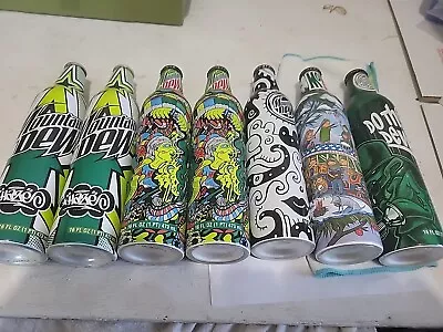 Lot Of 7 Mountain Dew Green Label Black Cap Art 2008 Aluminum Bottles • $45