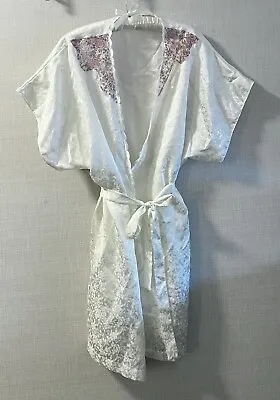 $18 • Buy Vintage VAL MODE Lingerie Robe Kimono Ivory With Pink Lace Size SMALL Wrap Belt