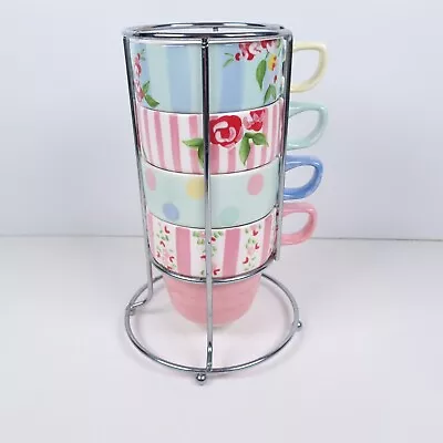 M&S Stacking Mugs Pastel Stripe Spot Floral Marks And Spencer Stoneware Set Of 4 • £24.99