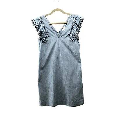 J. Crew Sheath Dress Size 2 Chambray Ruffle Shoulder Sleeveless V-neck Crochet • $19.99