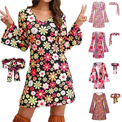 Women Hippie 60s 70s Floral Fancy Dress Disco Party Headband Outfit Clothes Set◮ • £12.71