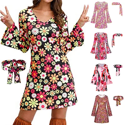 Women Hippie 60s 70s Floral Fancy Dress Disco Party Headband Outfit Clothes Set◮ • £13.07