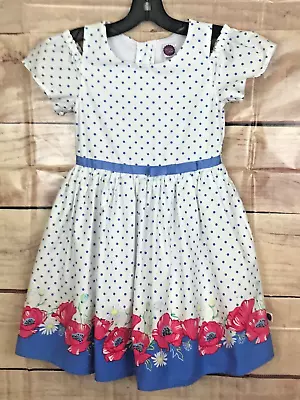 Dollie & Me Girl 7 Party Dress Polka Dot Lined Blue Floral Hem Puffed Sleeves • $10.99