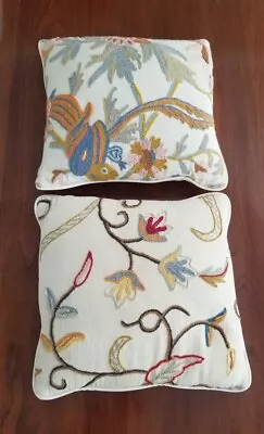 Vintage MCM Pr./2 Off-white W/Multicolor Crewel Floral Design Pillows ~14  X 14  • $16.99