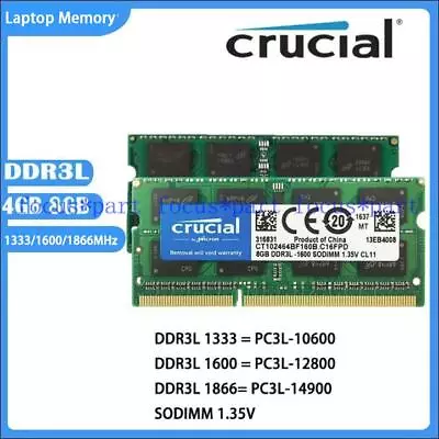 Crucial 4 GB 8 GB DDR3L 1333 1600 1866 MHz 1.35V 204-Pin SO-DIMM Laptop Memory • £9.58