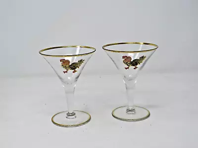 2 Vintage Art Deco MCM Cockerel Painted Gold Rim Cocktail Glasses Rooster Bird • $34.99