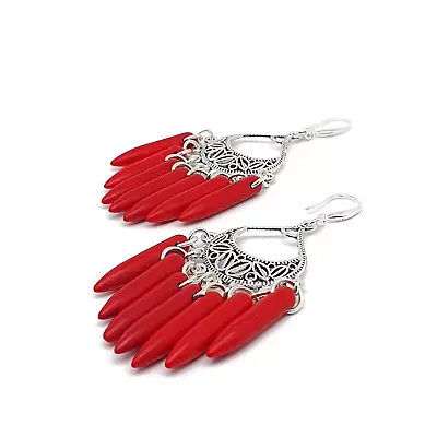 Red Howlite Chandelier Earrings Long Dangle Drop Filigree Sterling Silver Hooks • £13.93