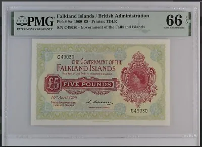 GEM UNC EPQ 1960 £5 Pounds UK  Britain British Falkland Islands P-9a *RARE* PMG • £848.09