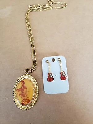 Vintage Elvis Presley Red Guitar Pierced Earrings With Necklace • $20