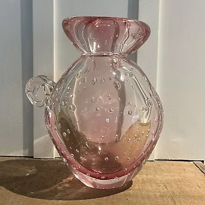 Vintage Pink Bullicante Controlled Bubble Art Glass Vase W/ Handle 6  • $24