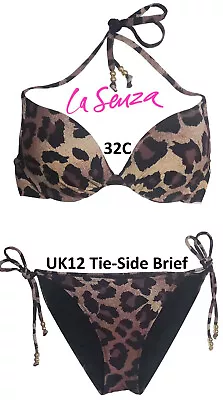 La Senza Dark Tones Animal Print Padded Push-up Halter Bikini Set 32C & 12 Brief • £26