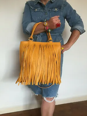 £49.99 • Buy Vera Pelle Italy Mustard Yellow Leather Fringe Tassel Tassle Shoulder Grab Bag 