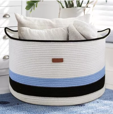 Large Woven Basket For Storage With Handles Black White Blue Laundry Collapsible • $24.97