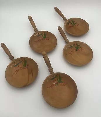 Vintage Handpainted 1950's Wooden Snack Bowl W/ Hanger Option  Popcorn Set Of 5 • $40