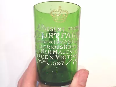 Queen Victoria 60 Years Commemorate Small Emerald Green Glass Court Farm 1897 • £25