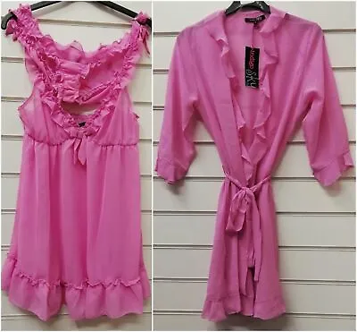 Ladies Indigo Sky Pink Chiffon Baby Doll Set Dressing Gown  UK Sizes 12 14 16 • £6.99