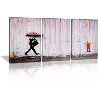 Banksy Canvas Graffiti Wall Art Colorful Rain Painting-Street Art Poster 3 Piece • $28.70