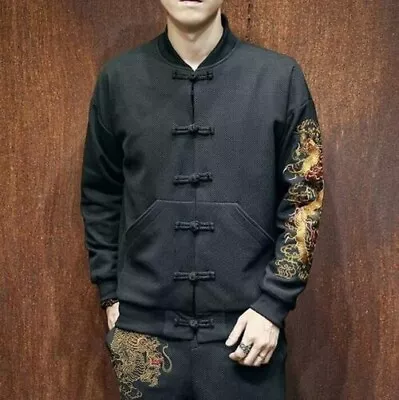 Mens Male Chinese Long Sleeve Embroidery Coat Cotton Han Chinese Clothing • $60.28