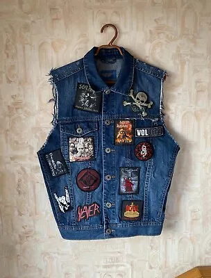 Heavy Metal Custom Battle Vest Jacket Denim W/ Patches Fits L-XL • $59