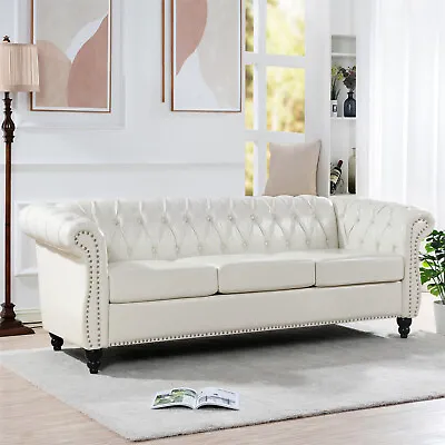 84in Chesterfield Sofa Faux Leather Upholstered 3 Seater Rolled Arm Tufted White • $669.99