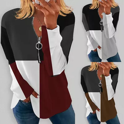 £13.09 • Buy Women Geometric Zip Up T-Shirt Long Sleeve Casual Tunic Tops Blouse Pullover