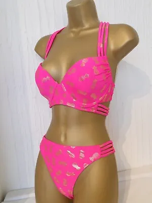 Pink / Gold Matalan Bikini Size 34D Top 12 Briefs Underwired Halter Neck Cut Out • £10.50